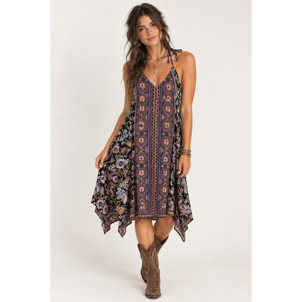 Angie Handkerchief Dress Women Medium Black Boho Paisley Halter V-Neck